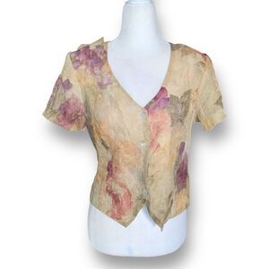 Vintage 90s Blouse Sheer Cream Cottage Dark Floral Short Sleeve Crinkle Top